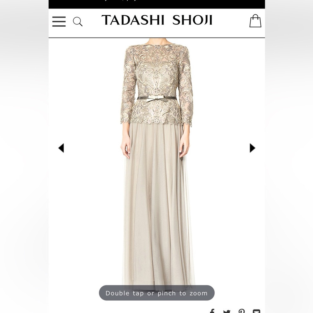 Tadashi Shoji Metallic Lace Corded Embroidery on Tulle 3/4 Sleeve Tulle Gown
